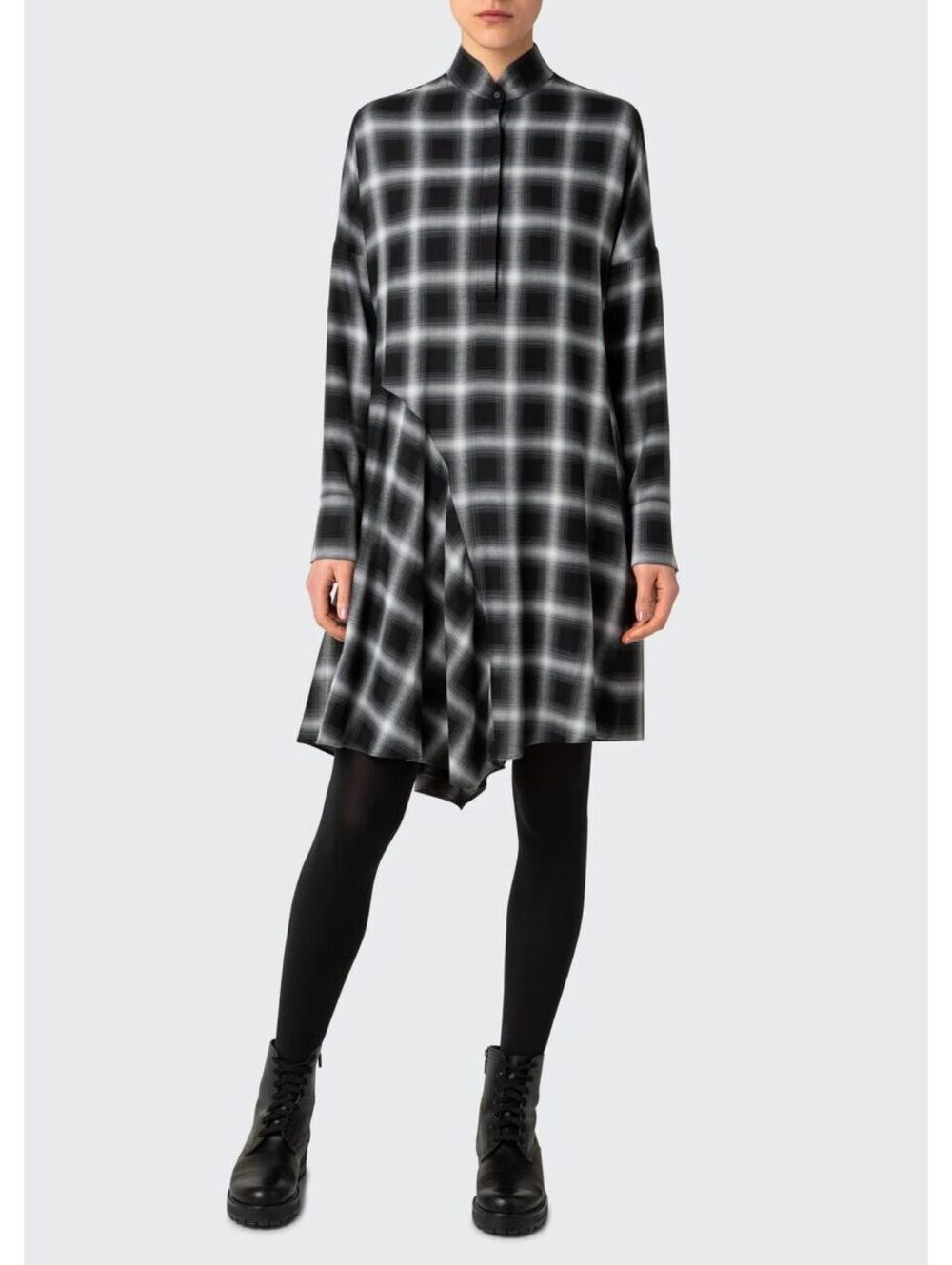 Akris Punto Women’s Size 14 Shadow Tartan Check Asymmetrical Shirt Dress